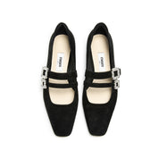 Black Suede Double Crystal Buckle Mary Janes Flats