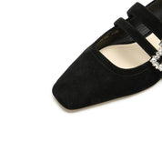 Black Suede Double Crystal Buckle Mary Janes Flats