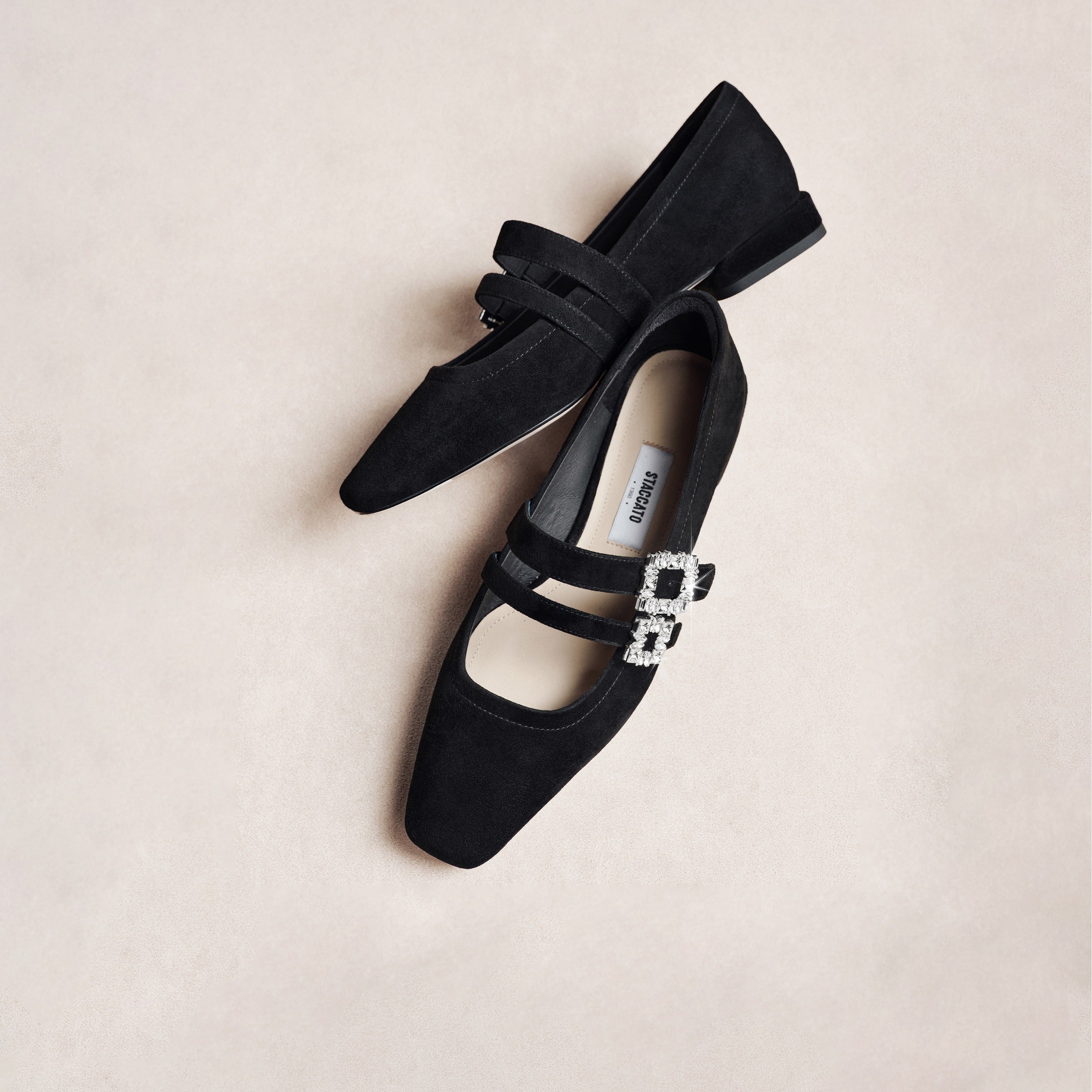 Black Suede Double Crystal Buckle Mary Janes Flats