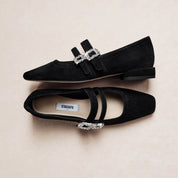 Black Suede Double Crystal Buckle Mary Janes Flats