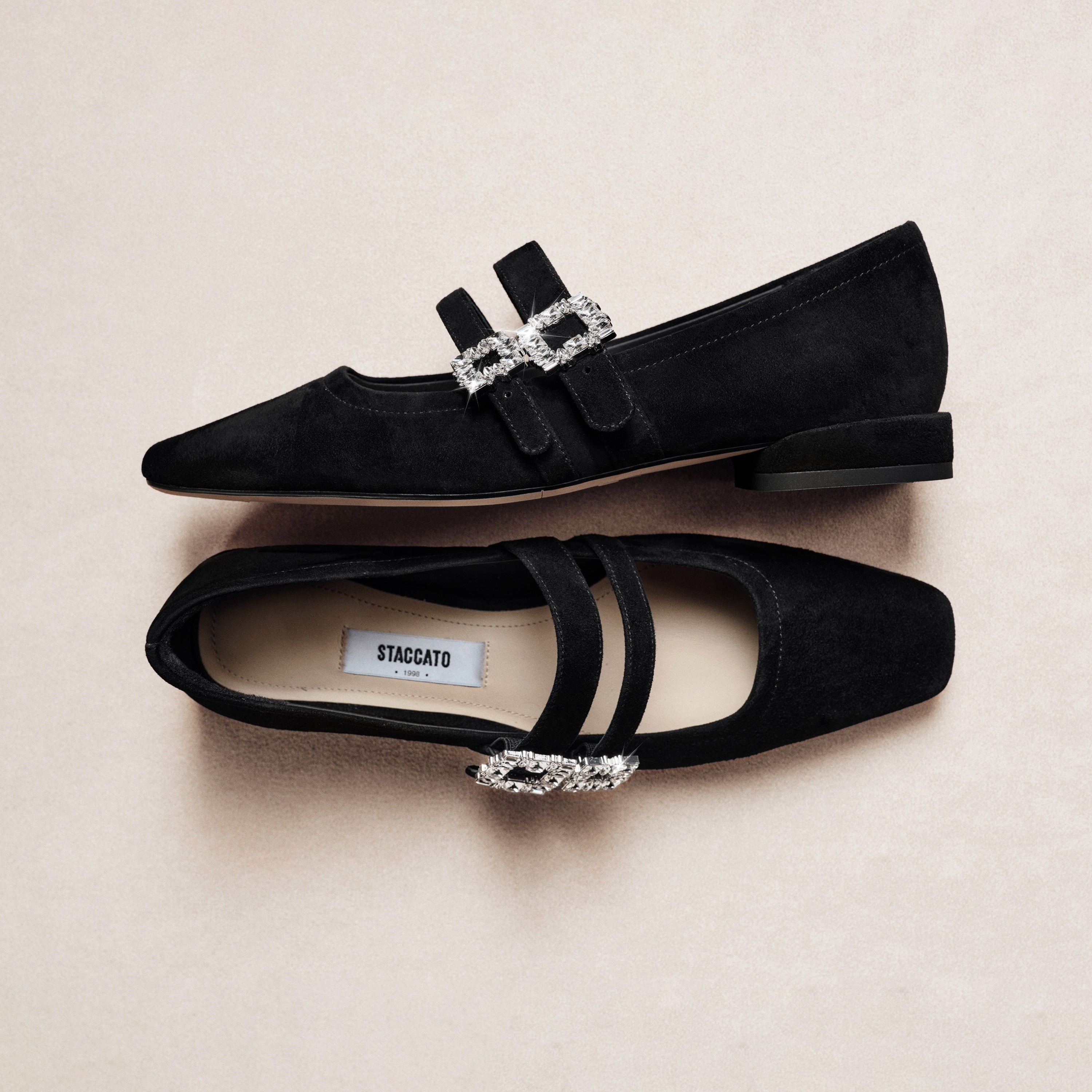 Black Suede Double Crystal Buckle Mary Janes Flats