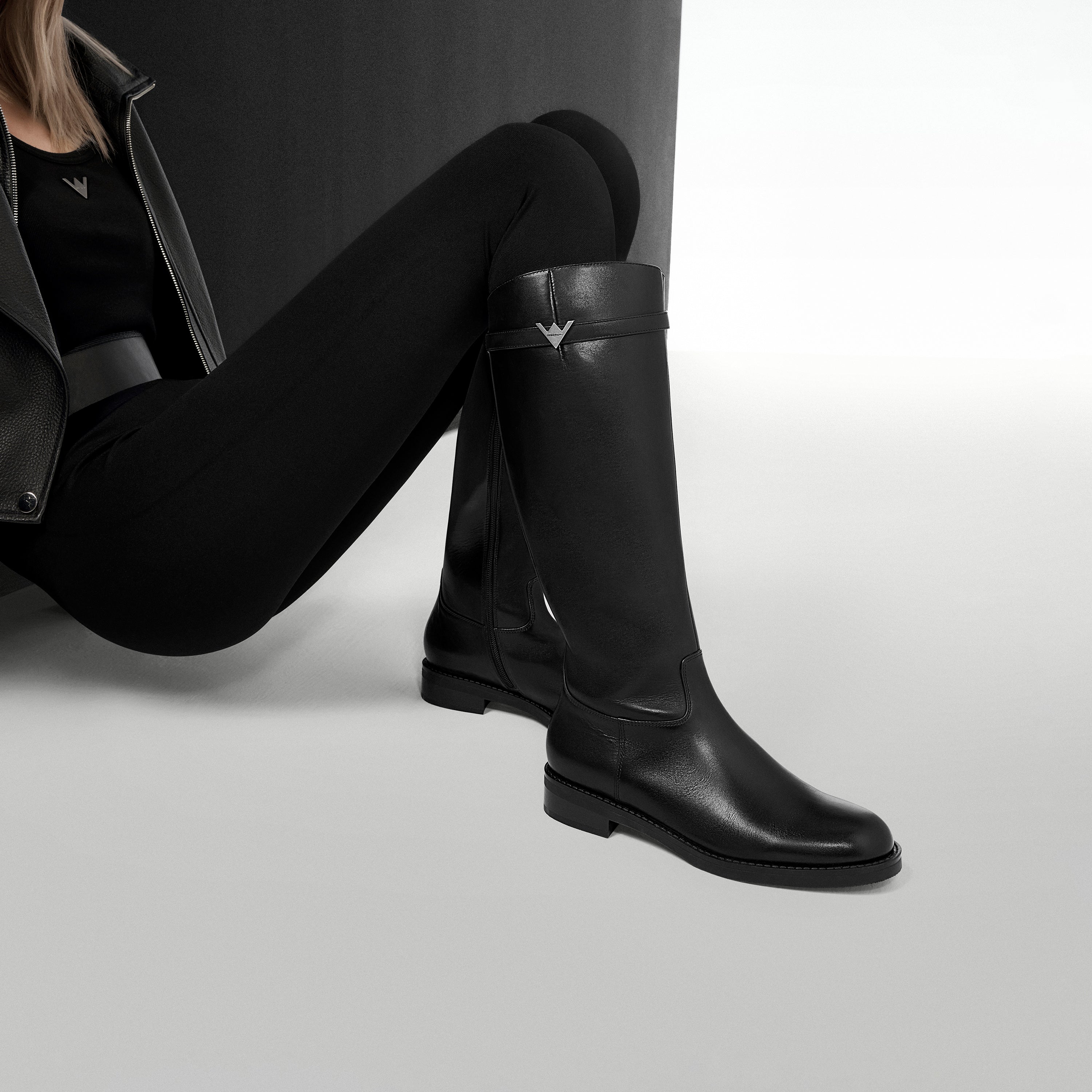 STACCATO × VERA WANG Metal Buckle Leather Riding Boots