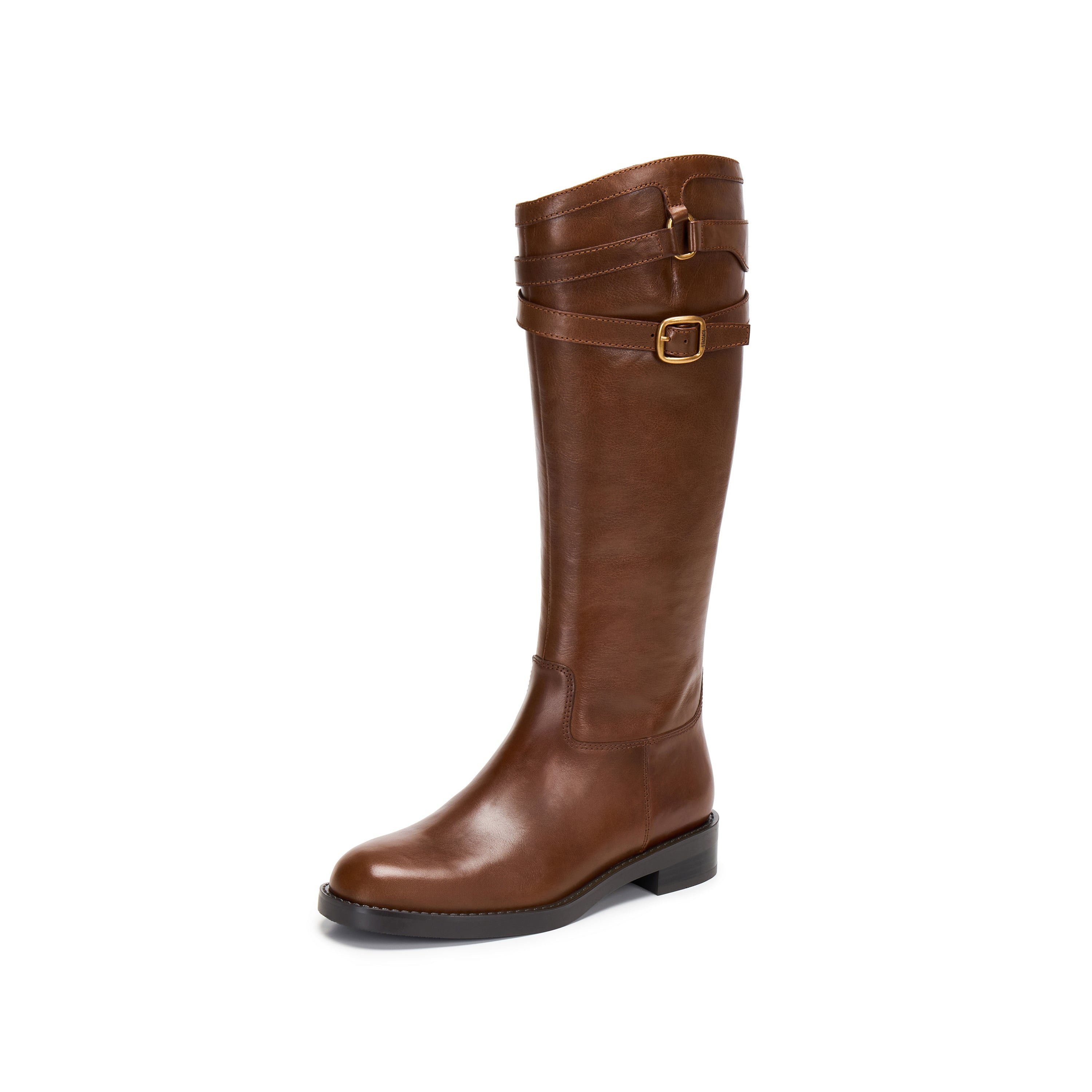 Brown Double-Buckle Calf Leather Low-Heel Riding Boots