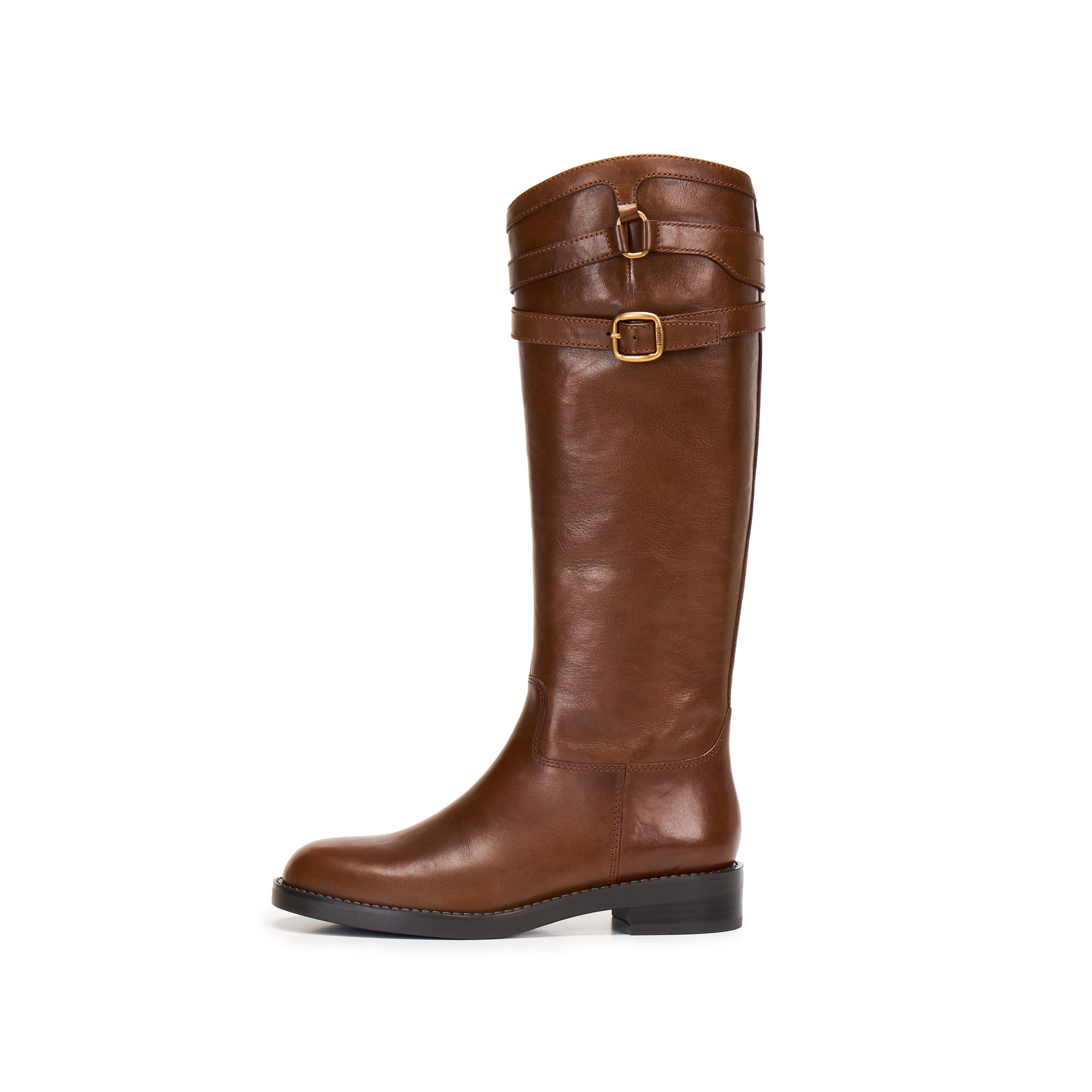 Brown Double-Buckle Calf Leather Low-Heel Riding Boots