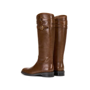 Brown Double-Buckle Calf Leather Low-Heel Riding Boots