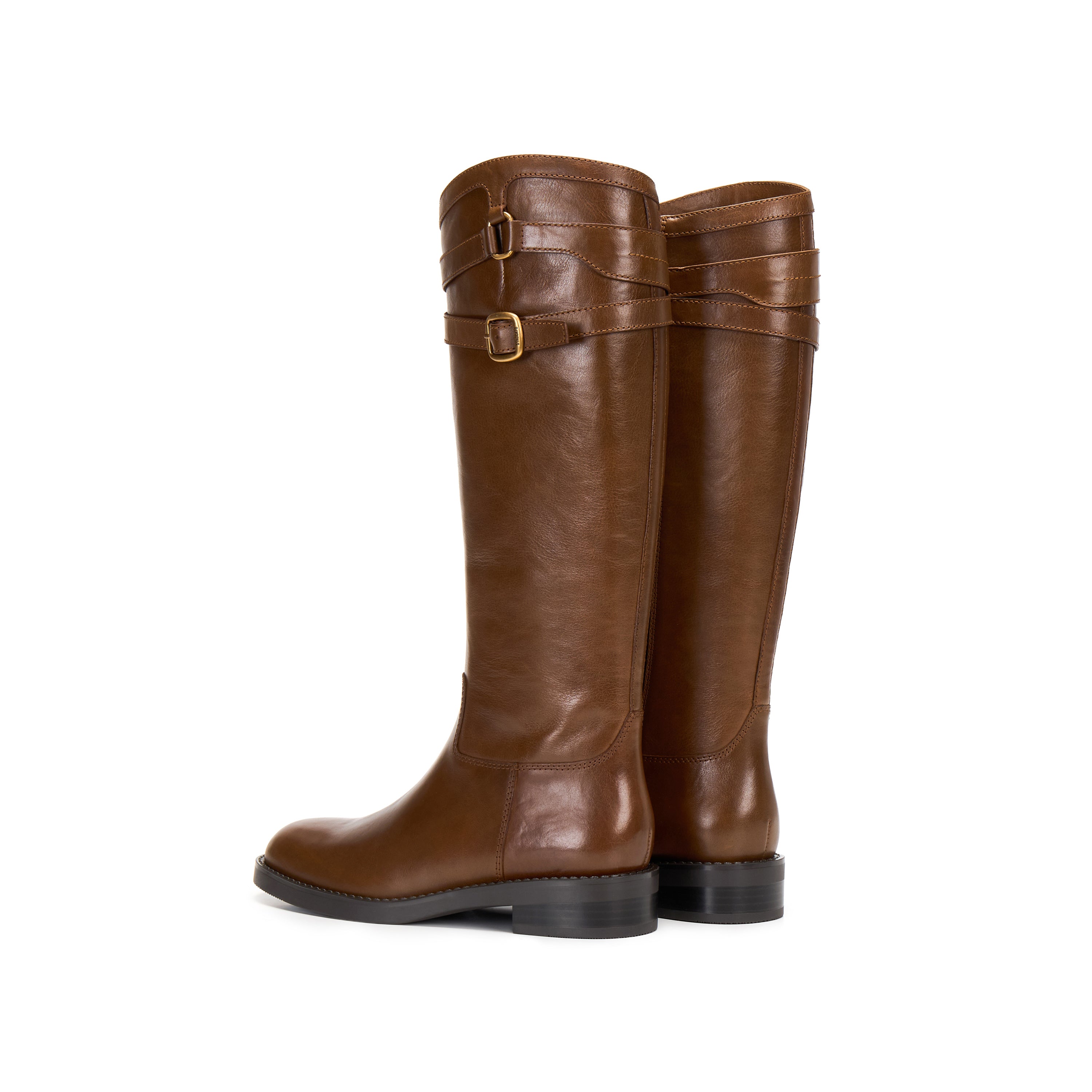 Brown Double-Buckle Calf Leather Low-Heel Riding Boots