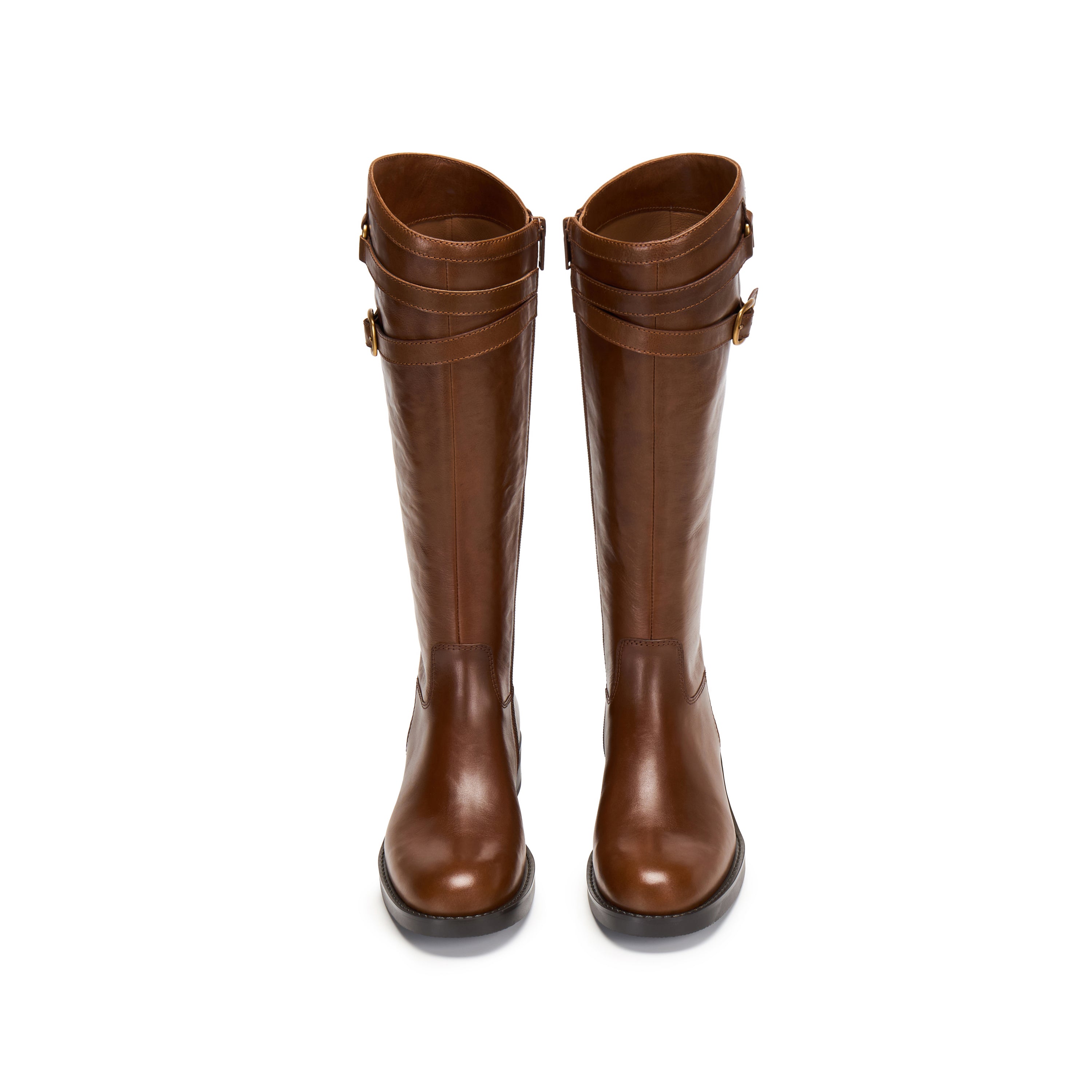 Brown Double-Buckle Calf Leather Low-Heel Riding Boots