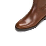 Brown Double-Buckle Calf Leather Low-Heel Riding Boots