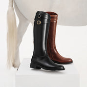 Brown Double-Buckle Calf Leather Low-Heel Riding Boots