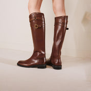 Brown Double-Buckle Calf Leather Low-Heel Riding Boots