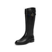 Black Double-Buckle Calf Leather Low-Heel Riding Boots