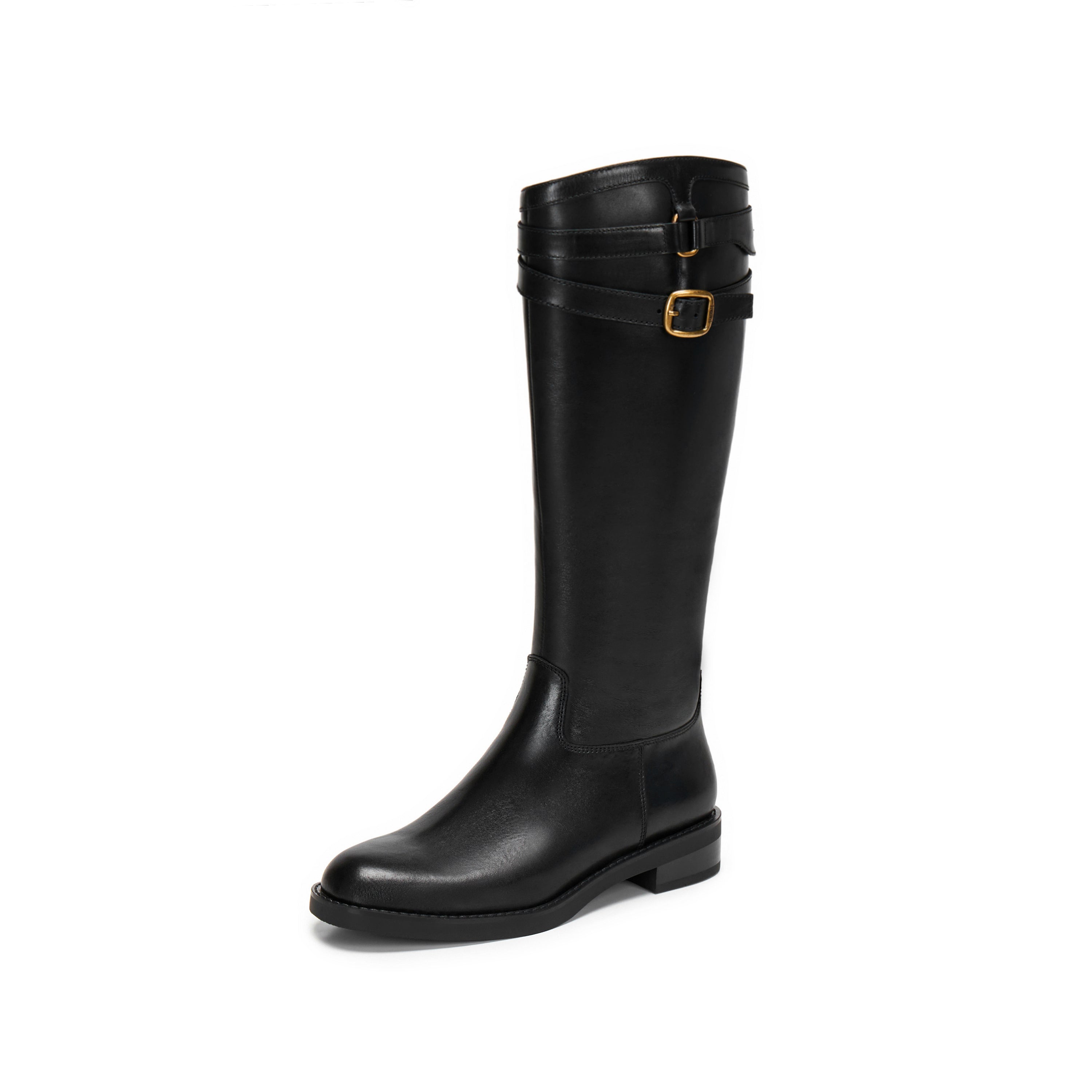 Black Double-Buckle Calf Leather Low-Heel Riding Boots