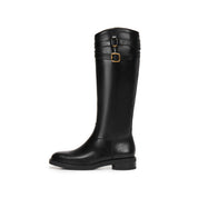 Black Double-Buckle Calf Leather Low-Heel Riding Boots