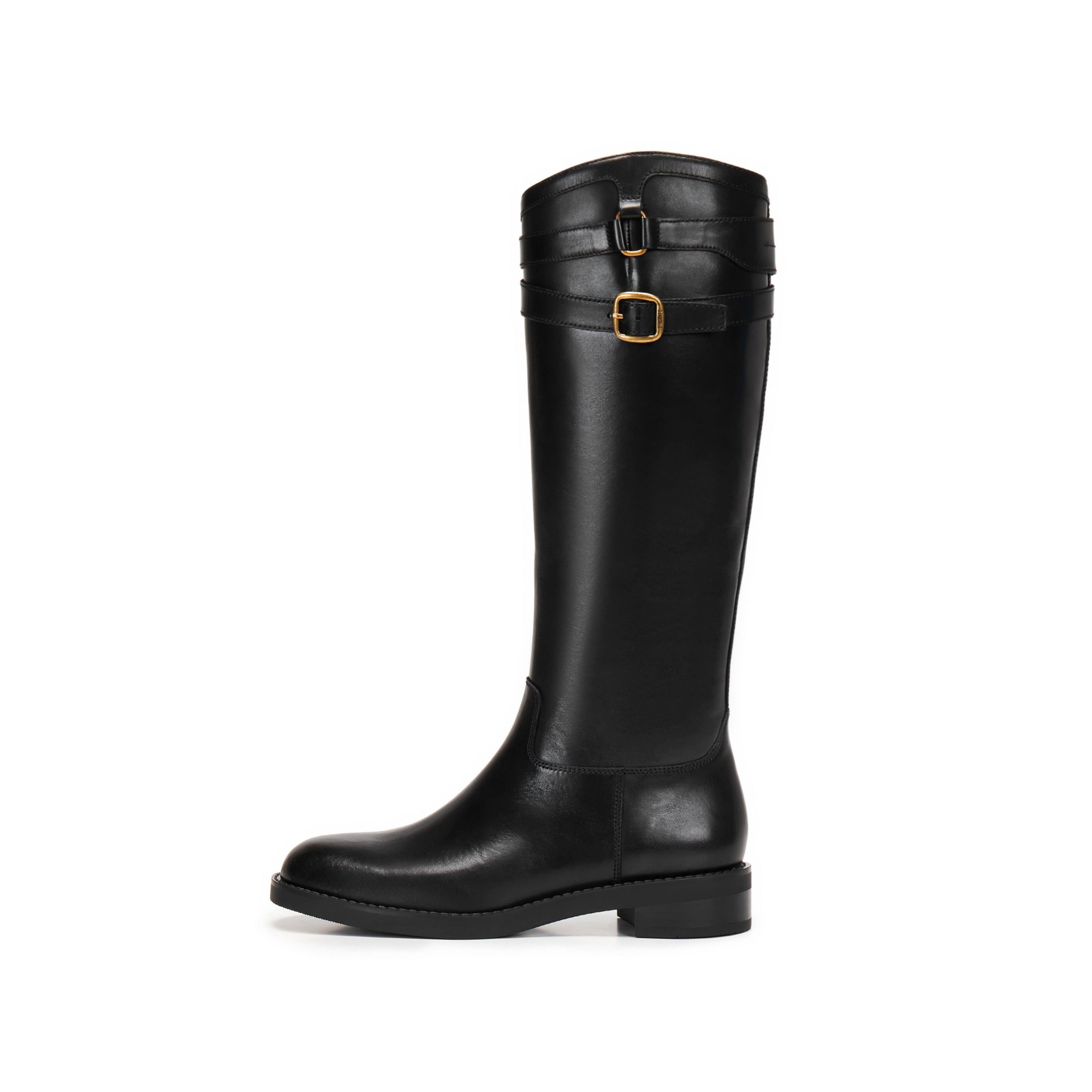 Black Double-Buckle Calf Leather Low-Heel Riding Boots
