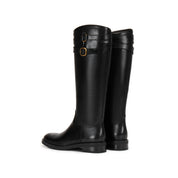 Black Double-Buckle Calf Leather Low-Heel Riding Boots
