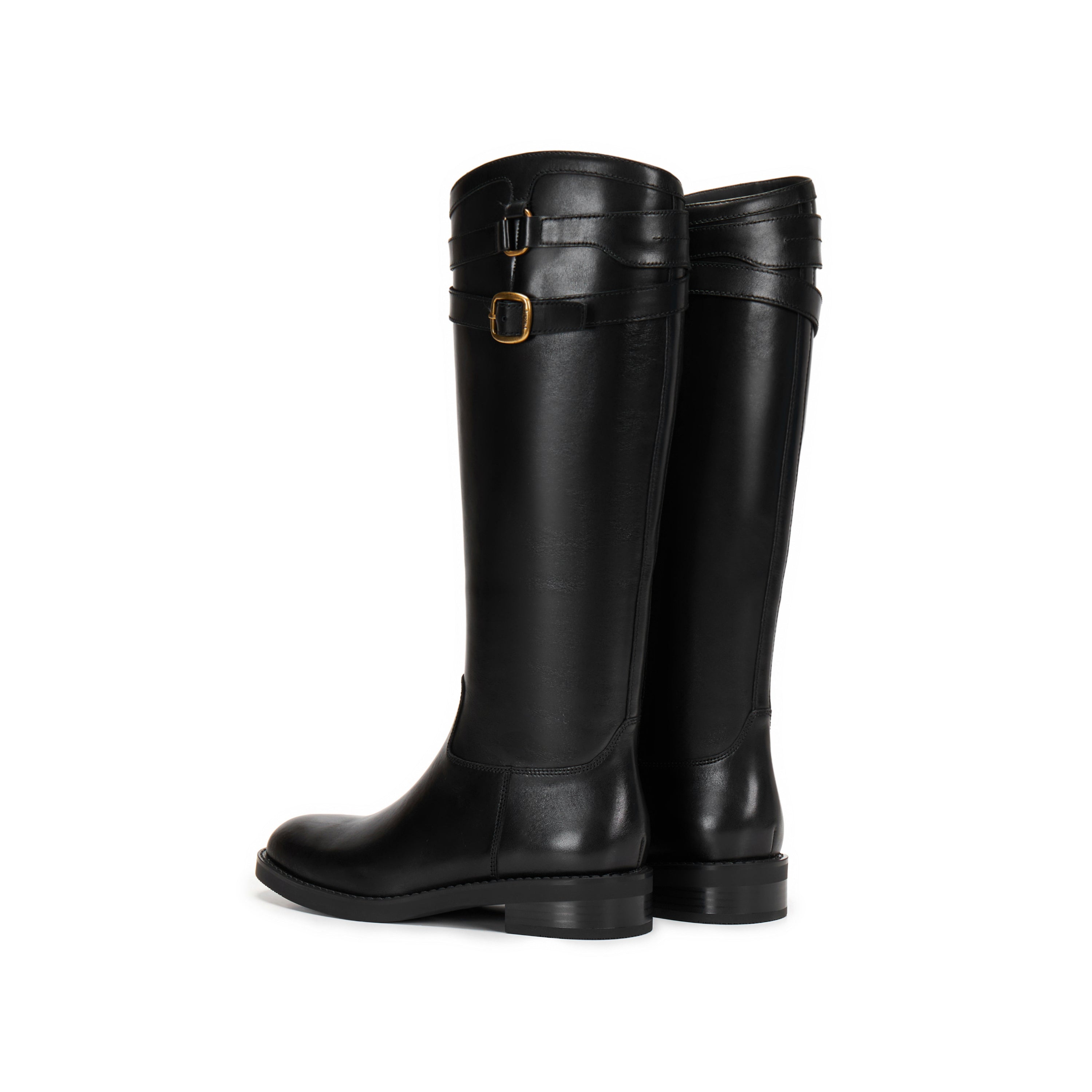 Black Double-Buckle Calf Leather Low-Heel Riding Boots