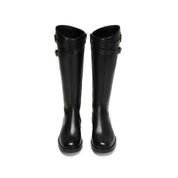 Black Double-Buckle Calf Leather Low-Heel Riding Boots