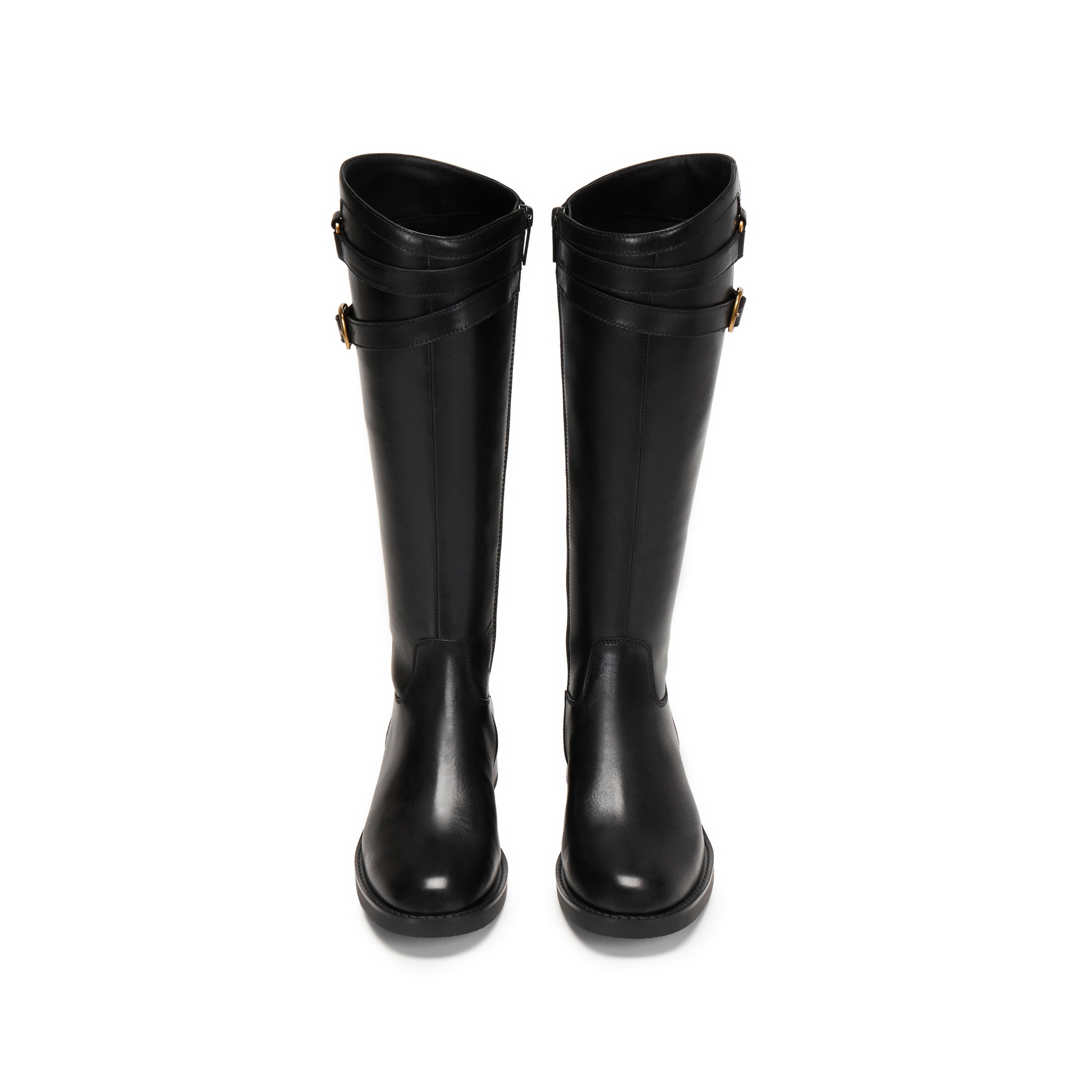 Black Double-Buckle Calf Leather Low-Heel Riding Boots