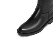 Black Double-Buckle Calf Leather Low-Heel Riding Boots