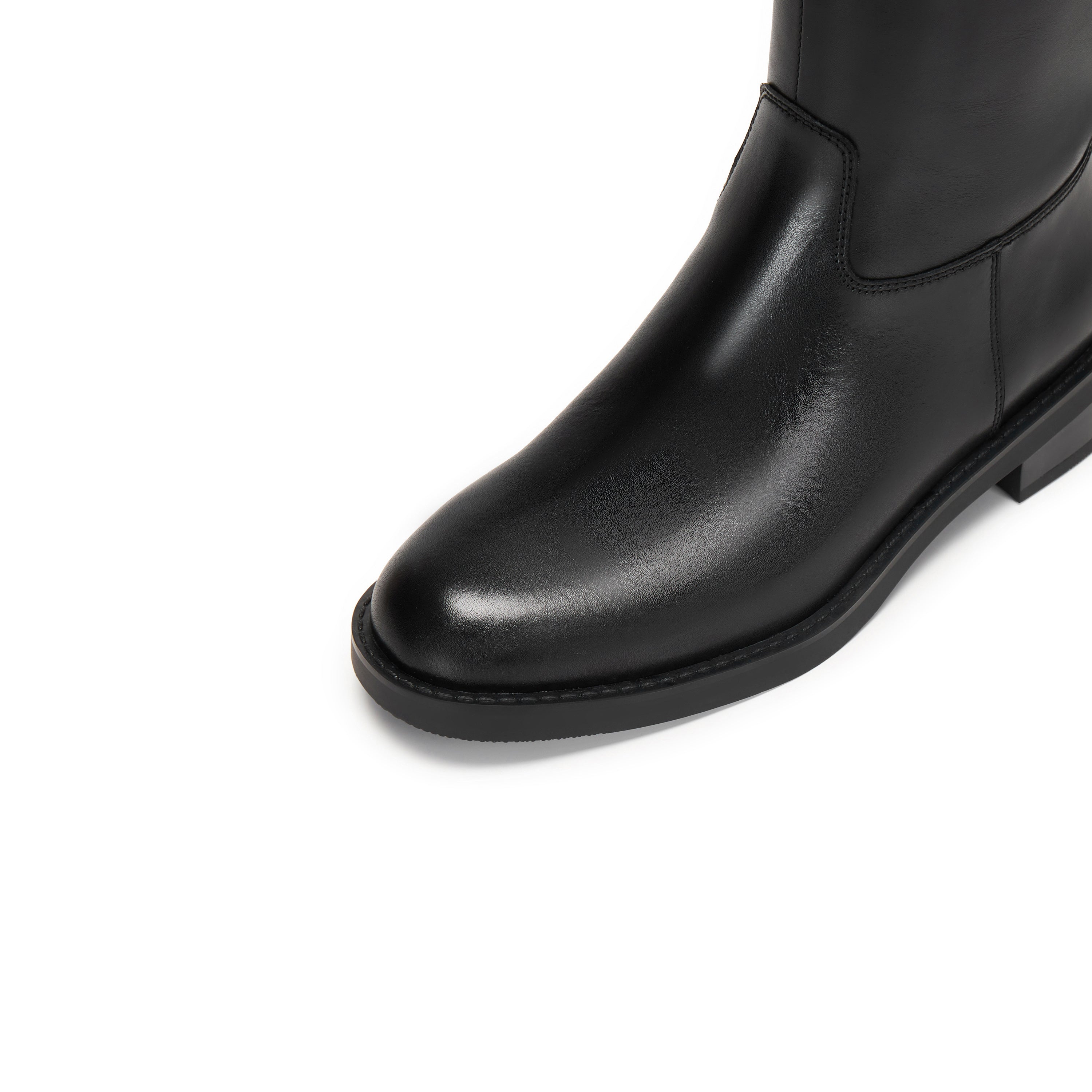 Black Double-Buckle Calf Leather Low-Heel Riding Boots