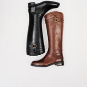 Black Double-Buckle Calf Leather Low-Heel Riding Boots