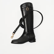 Black Double-Buckle Calf Leather Low-Heel Riding Boots