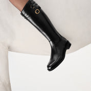Black Double-Buckle Calf Leather Low-Heel Riding Boots