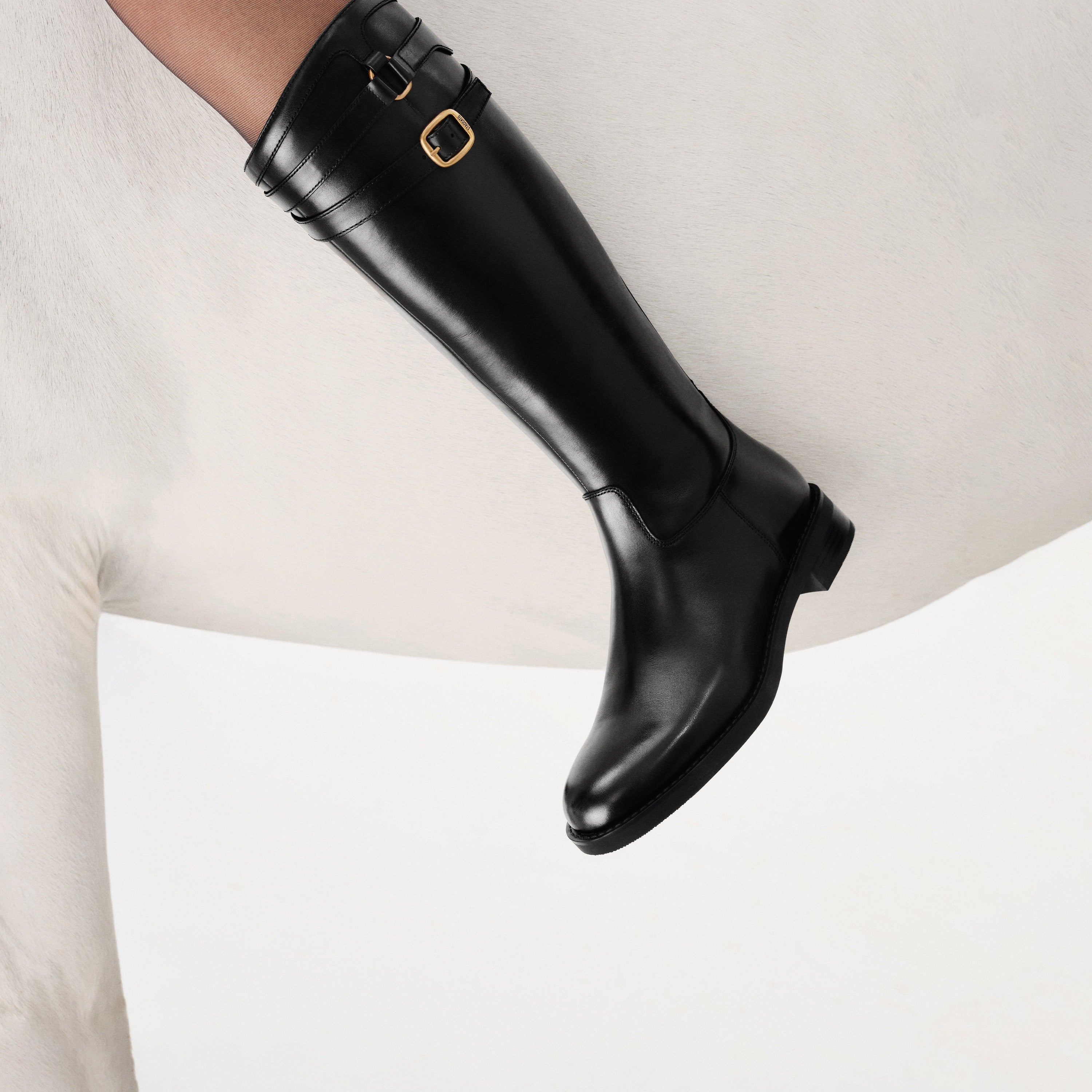 Black Double-Buckle Calf Leather Low-Heel Riding Boots