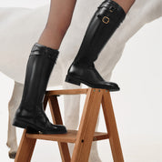 Black Double-Buckle Calf Leather Low-Heel Riding Boots