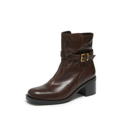 STACCATO Brown Leather Buckled Block-Heel Ankle Boots