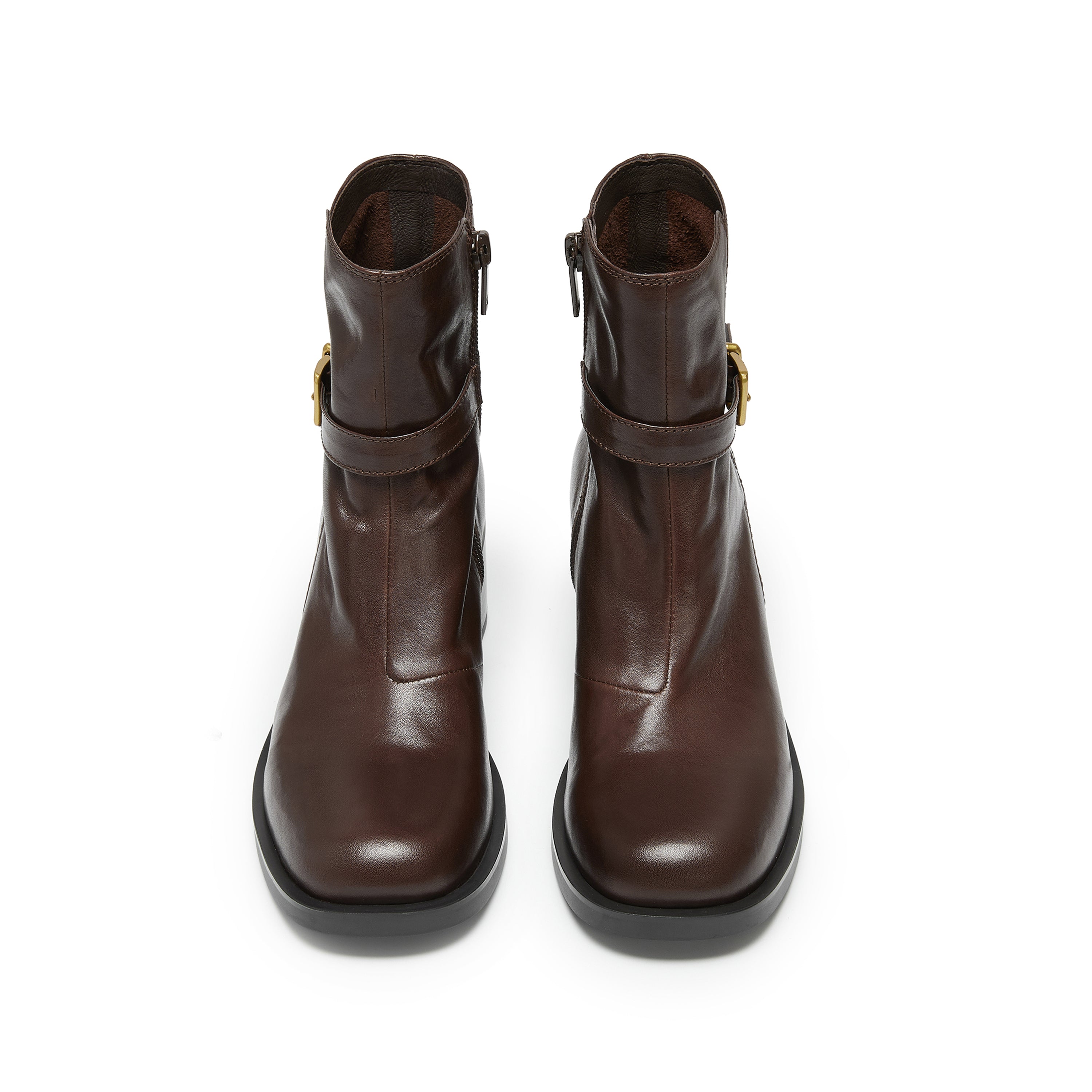 STACCATO Brown Leather Buckled Block-Heel Ankle Boots