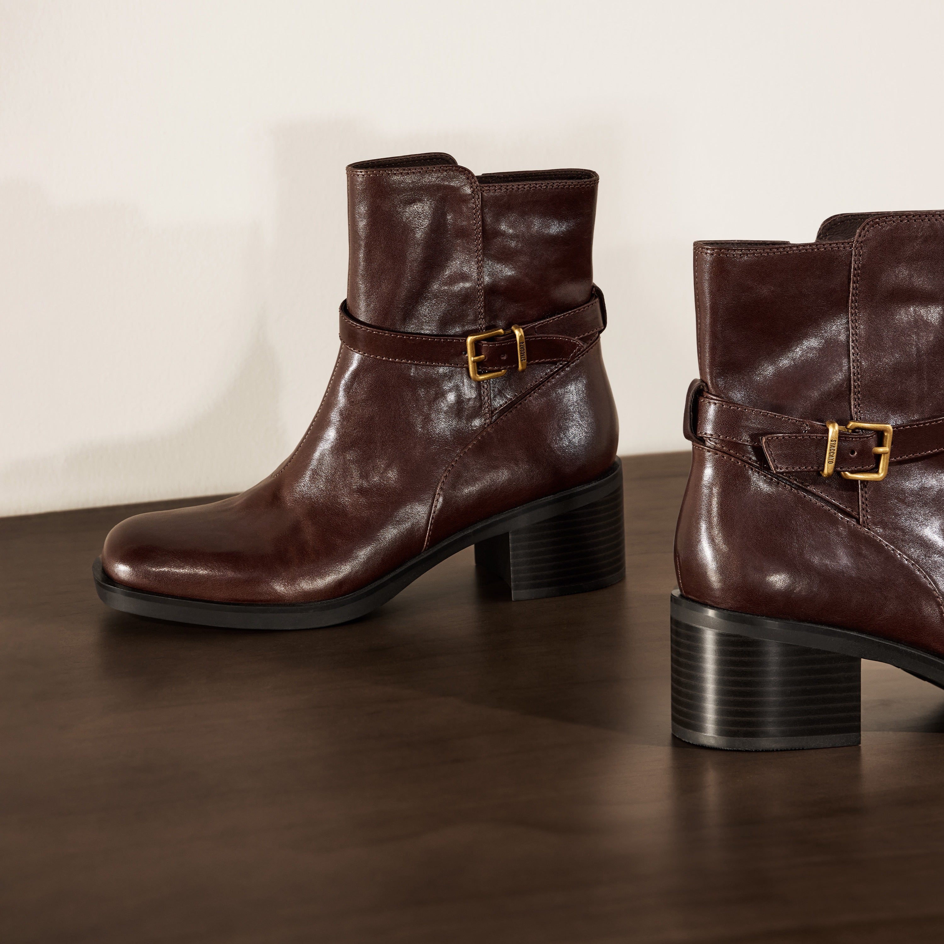 STACCATO Brown Leather Buckled Block-Heel Ankle Boots