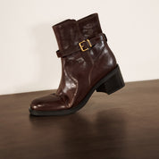 STACCATO Brown Leather Buckled Block-Heel Ankle Boots