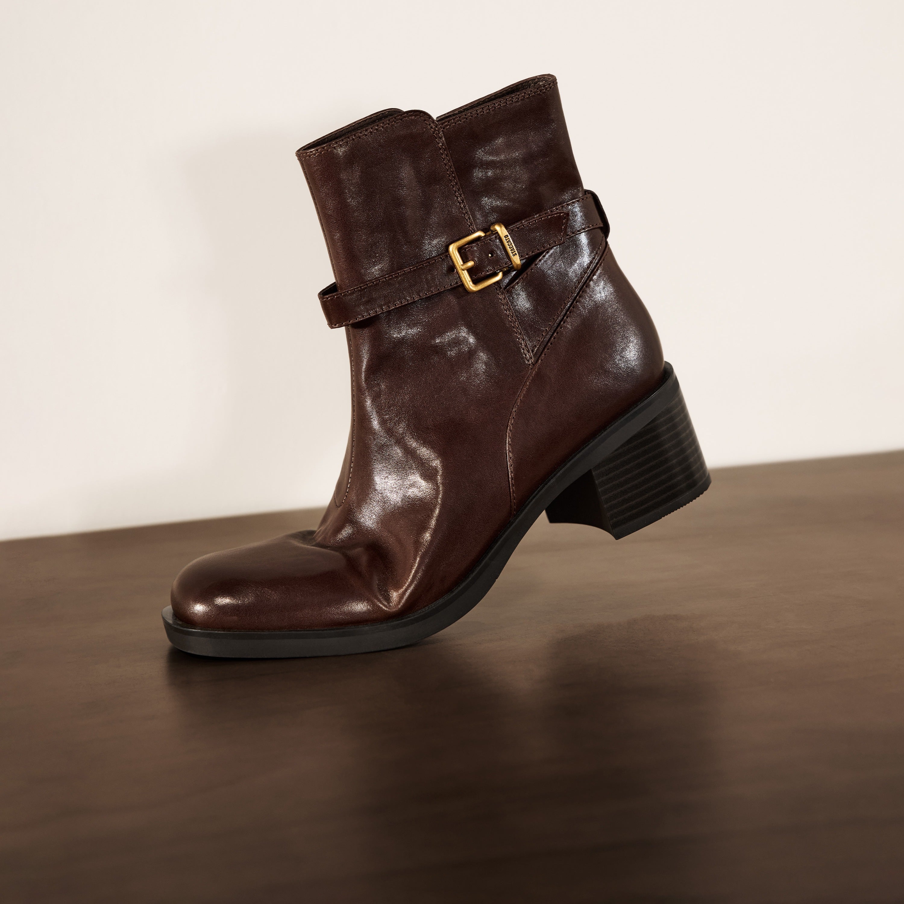 STACCATO Brown Leather Buckled Block-Heel Ankle Boots