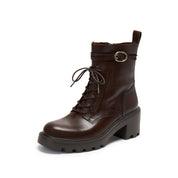 Brown Leather Lace-Up Combat Boots with Top Buckle