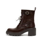 Brown Leather Lace-Up Combat Boots with Top Buckle