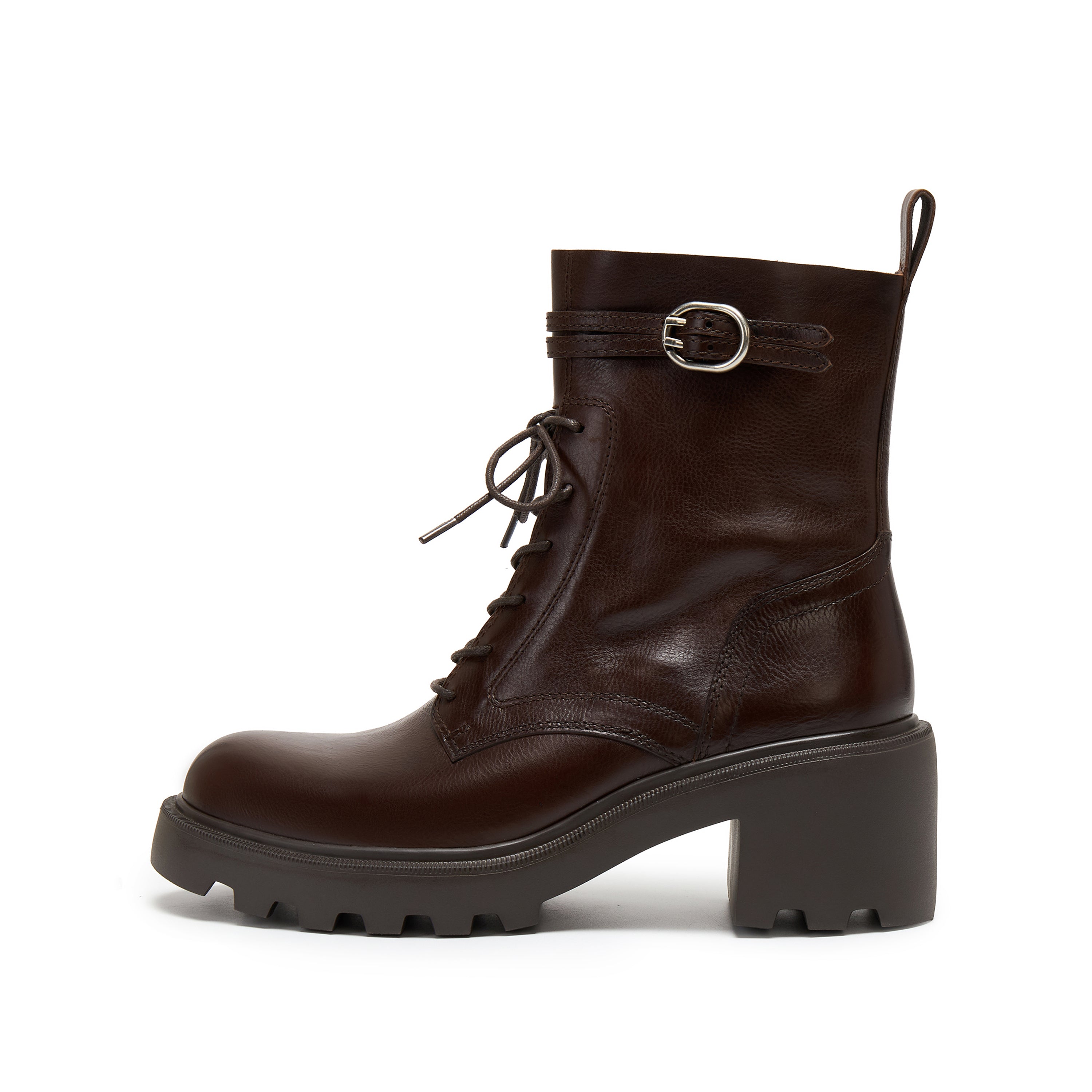 Brown Leather Lace-Up Combat Boots with Top Buckle