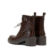 Brown Leather Lace-Up Combat Boots with Top Buckle