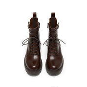 Brown Leather Lace-Up Combat Boots with Top Buckle