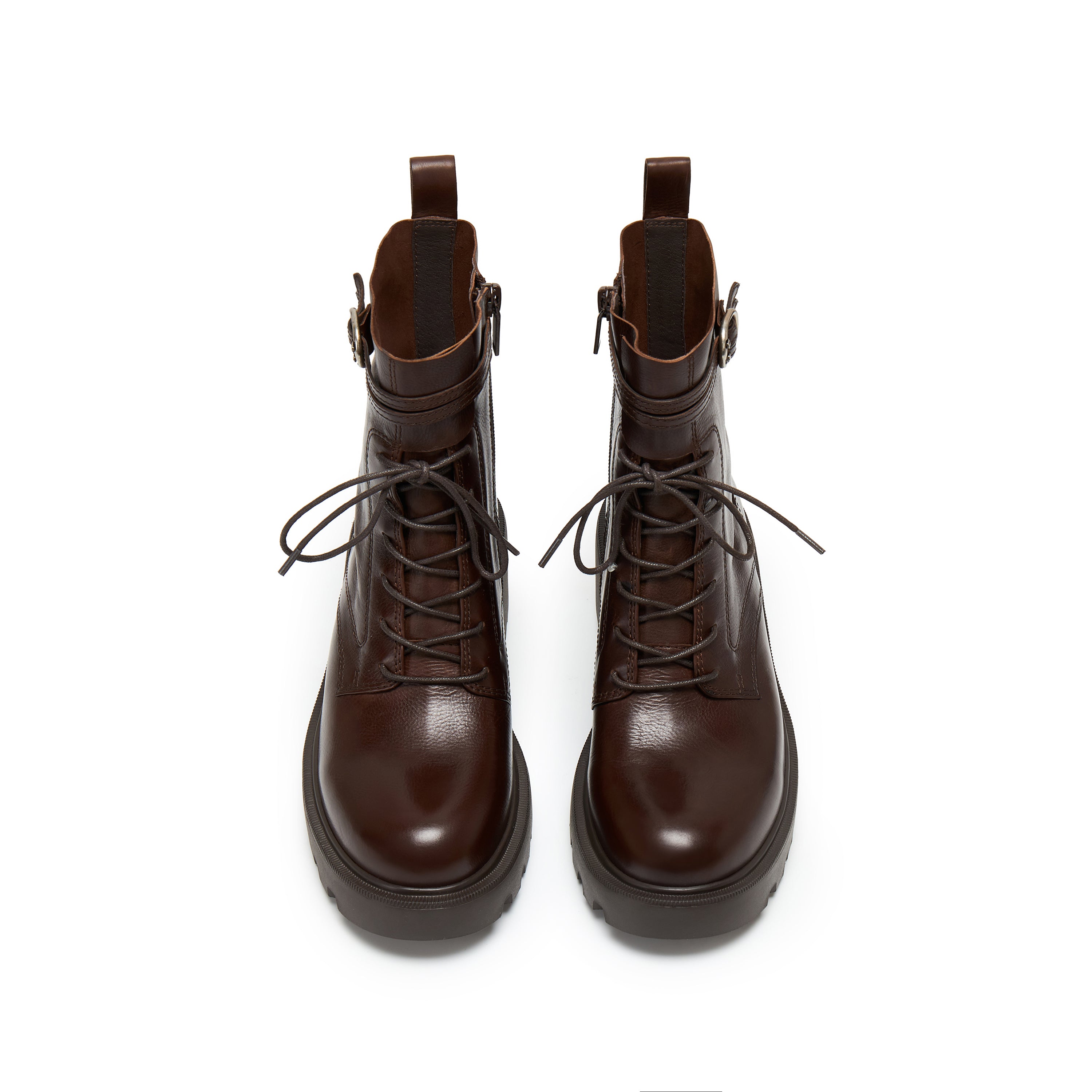 Brown Leather Lace-Up Combat Boots with Top Buckle