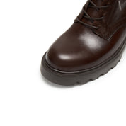Brown Leather Lace-Up Combat Boots with Top Buckle