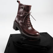 Brown Leather Lace-Up Combat Boots with Top Buckle