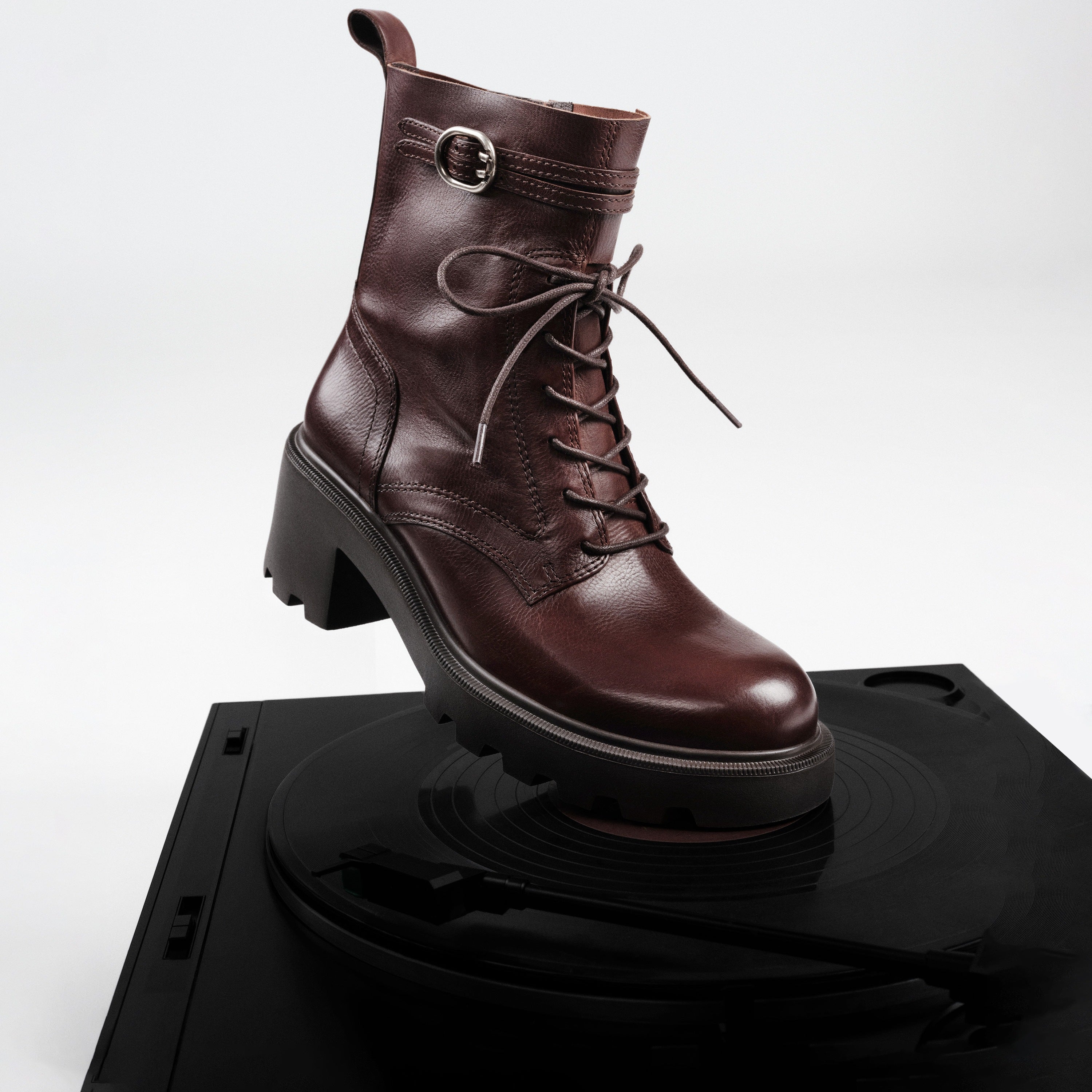Brown Leather Lace-Up Combat Boots with Top Buckle