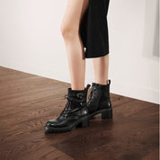 Brown Leather Lace-Up Combat Boots with Top Buckle
