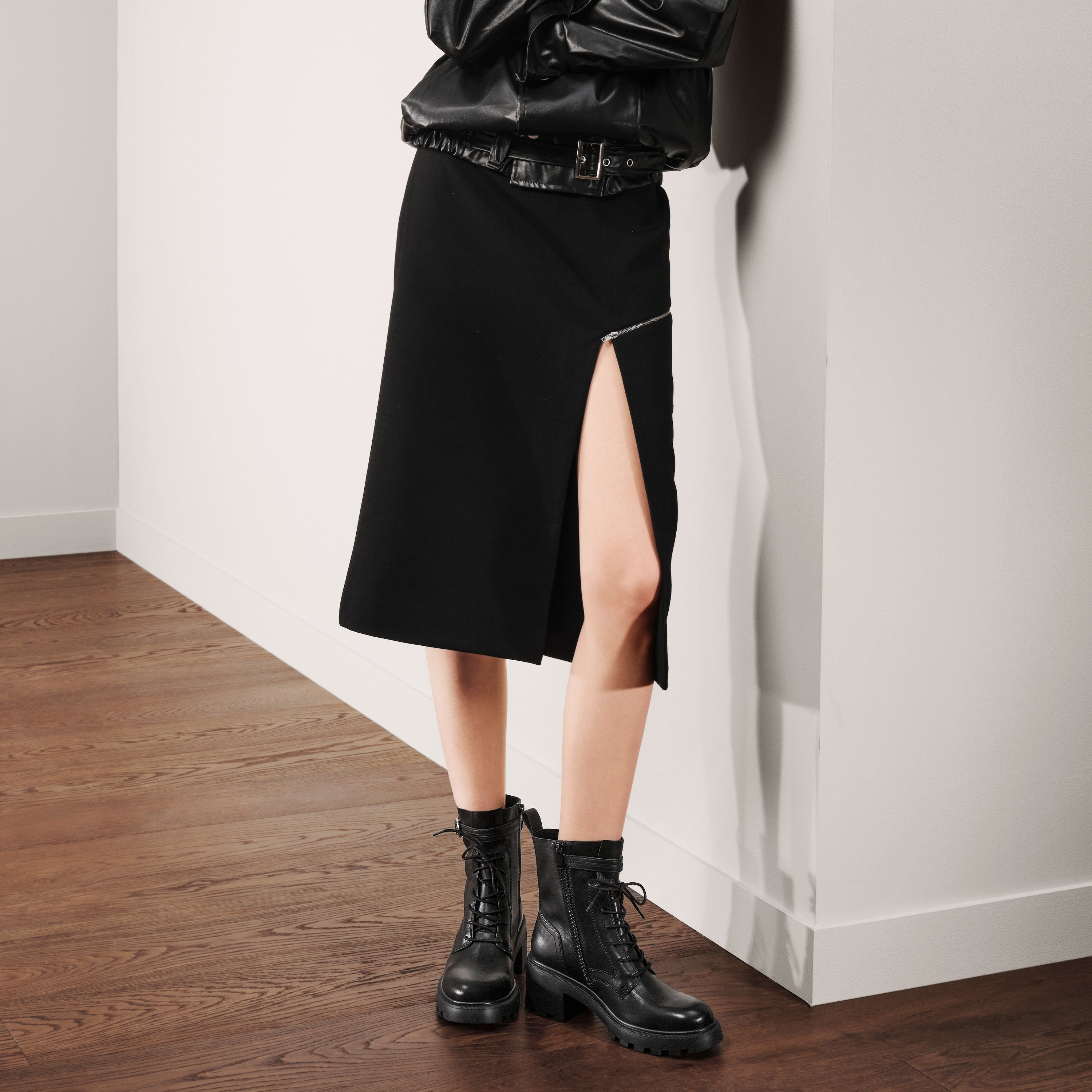 Brown Leather Lace-Up Combat Boots with Top Buckle