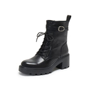 Black Leather Lace-Up Combat Boots with Top Buckle
