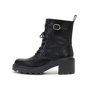 Black Leather Lace-Up Combat Boots with Top Buckle