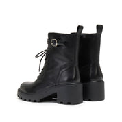 Black Leather Lace-Up Combat Boots with Top Buckle