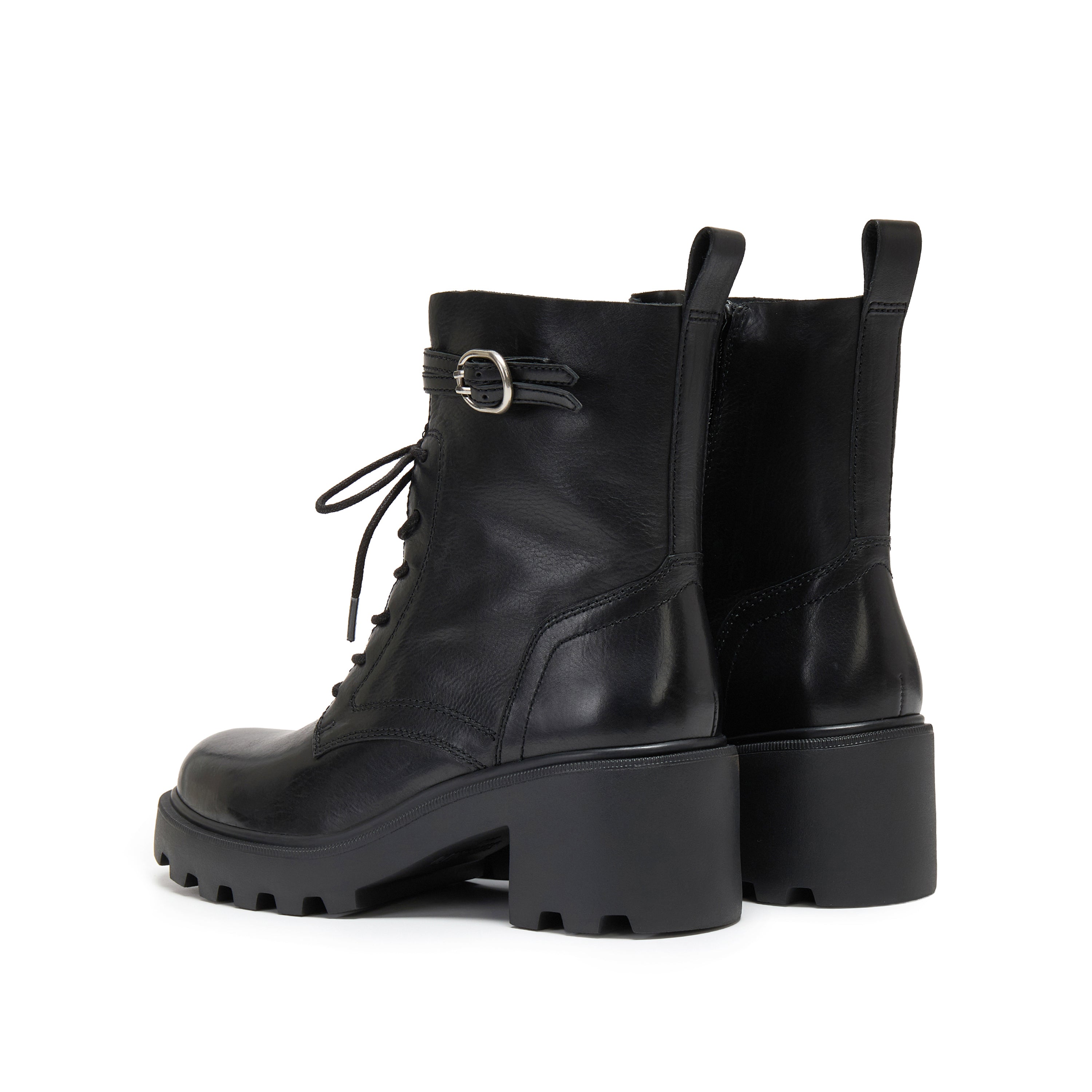 Black Leather Lace-Up Combat Boots with Top Buckle