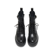 Black Leather Lace-Up Combat Boots with Top Buckle